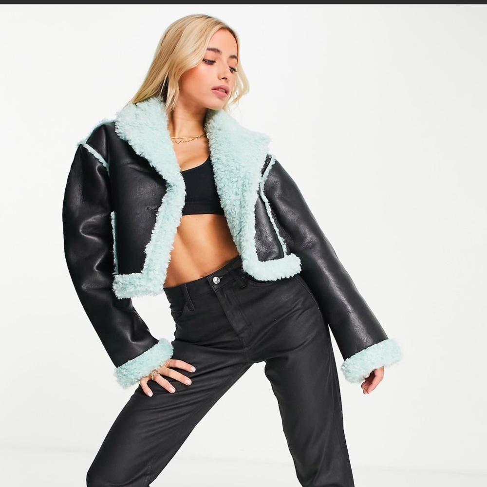 ASOS DESIGN cropped borg aviator jacket in black